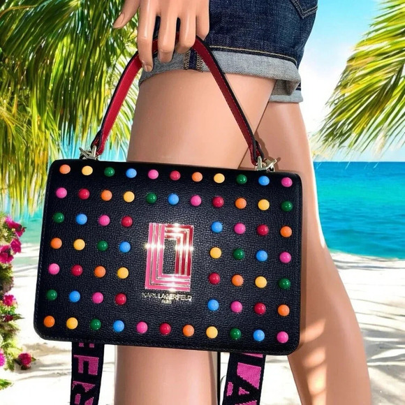 Karl Lagerfeld Paris Simone Leather Crossbody Multi Color Dots Purse Handbag NWT - Picture 13 of 13